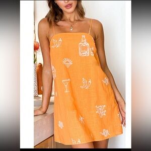 Shein slip dress Orange Sundress with White Tropical Print medium